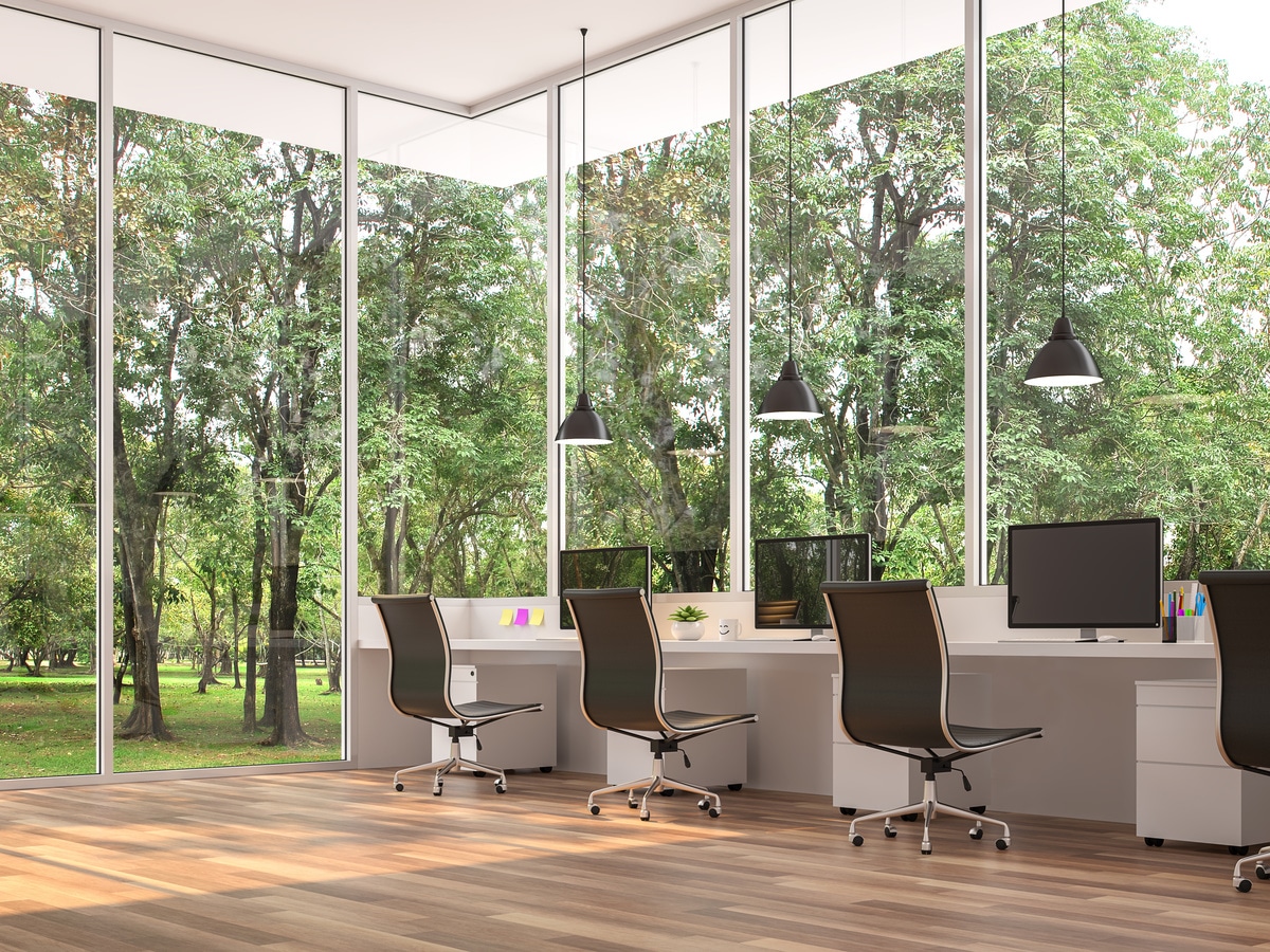 modern office with nature view 3d render,there are wooden floor.